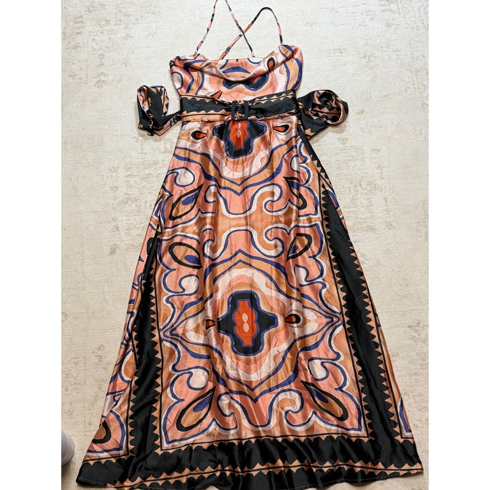 Lulus Womens Orange Blue Geometric Print Cowl Neck Satin Maxi Dress Size M